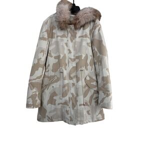 Donna Salyers Fabulous Furs Camo Parka Faux Fur Hood Jacket Tan Ivory M citywear